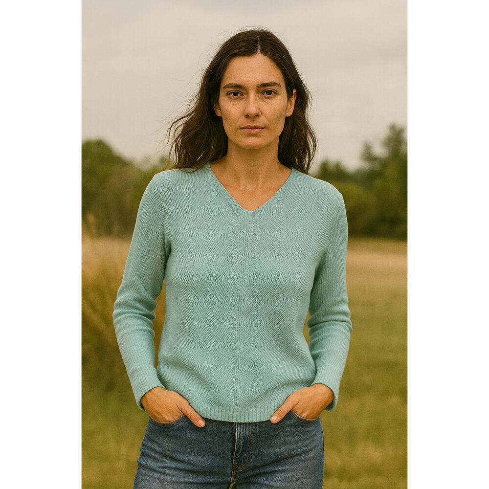 L.L.Bean Cotton V-Neck Sweater Aqua Teal Textured Knit Long Sleeve Women’s L